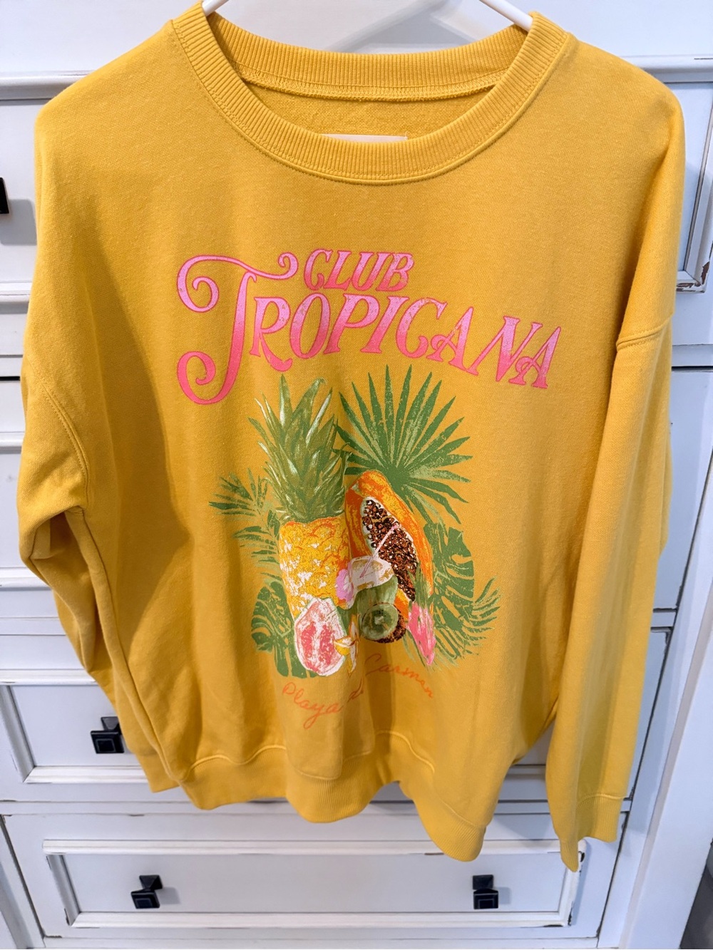 No Boundaries Yellow Sweatshirt with Pink Tropical Graphic